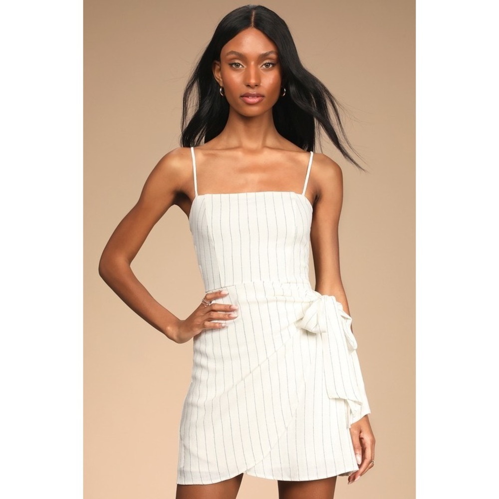 Classy and Sassy Ivory Pinstripe Faux-Wrap Mini Dress
